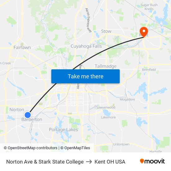 Norton Ave & Stark State College to Kent OH USA map