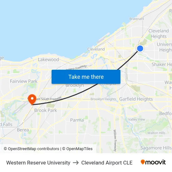 Western Reserve University to Cleveland Airport CLE map
