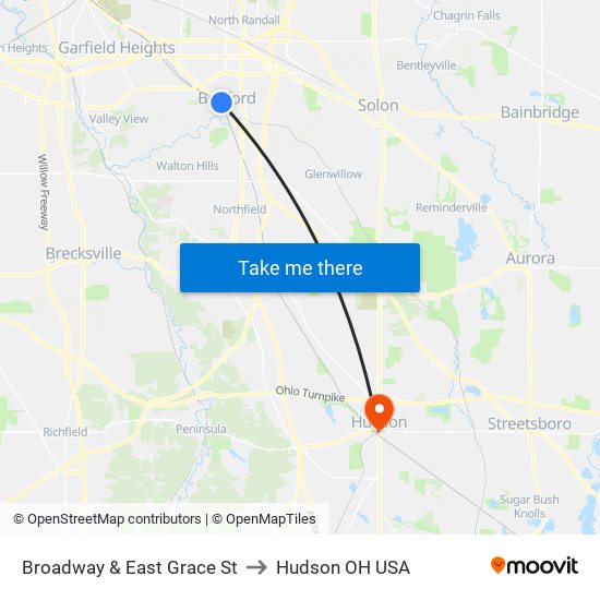 Broadway & East Grace St to Hudson OH USA map