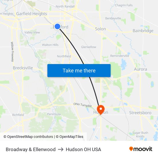 Broadway & Ellenwood to Hudson OH USA map