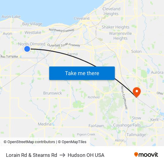 Lorain Rd & Stearns Rd to Hudson OH USA map