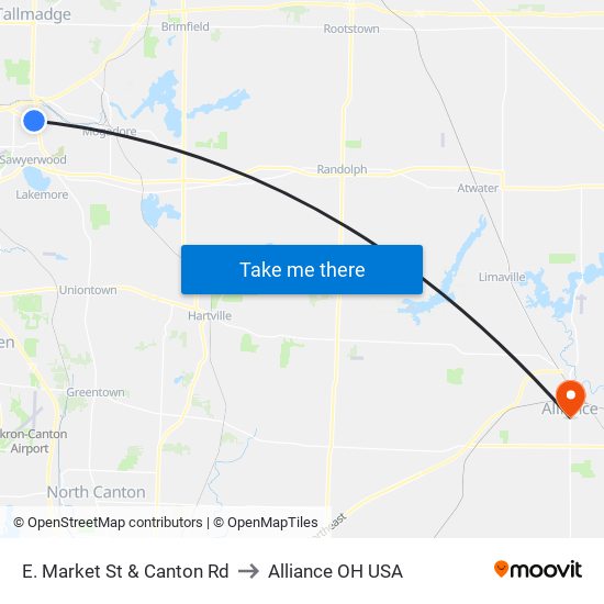 E. Market St & Canton Rd to Alliance OH USA map