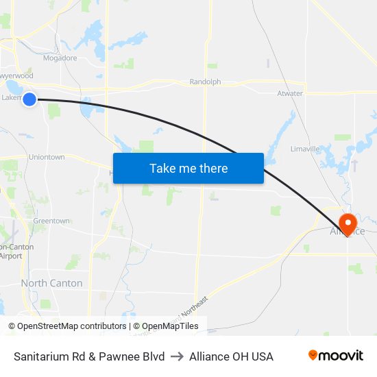 Sanitarium Rd & Pawnee Blvd to Alliance OH USA map