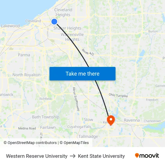 Western Reserve University to Kent State University map