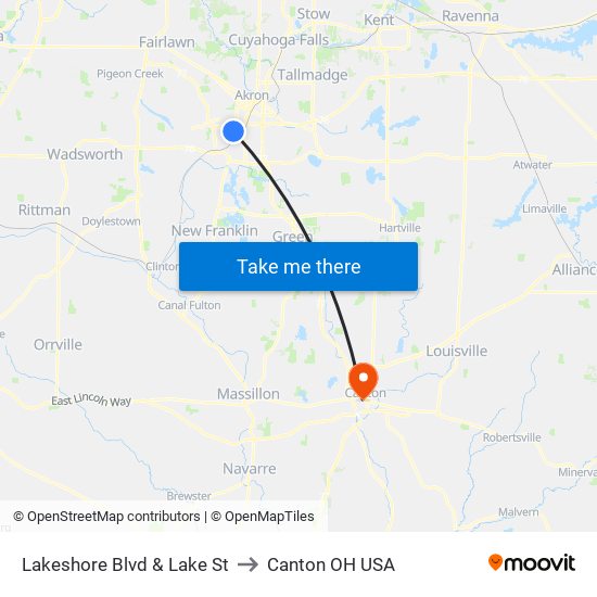 Lakeshore Blvd & Lake St to Canton OH USA map