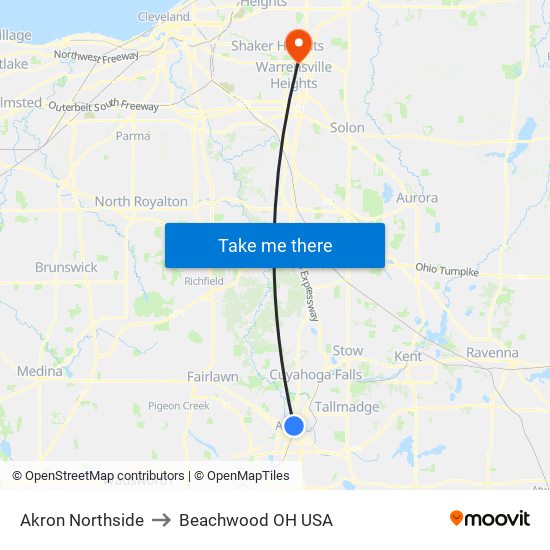 Akron Northside to Beachwood OH USA map