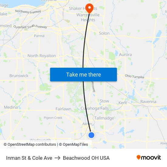 Inman St & Cole Ave to Beachwood OH USA map