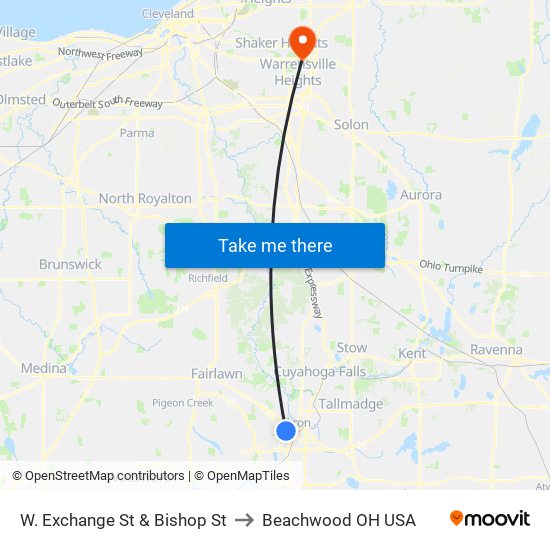 W. Exchange St & Bishop St to Beachwood OH USA map