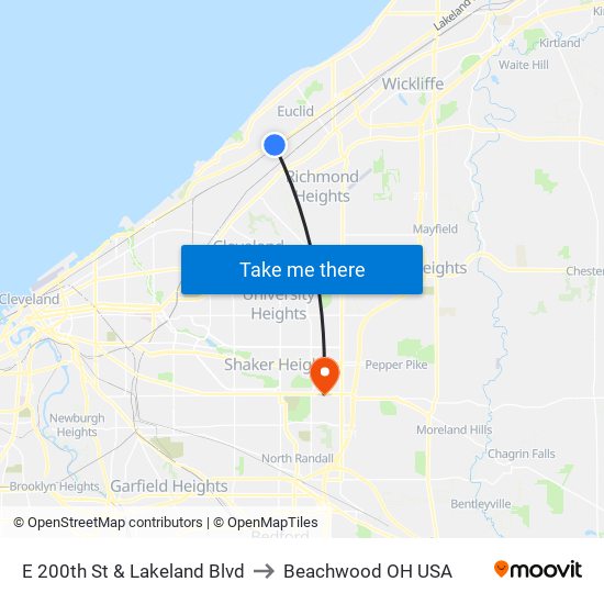 E 200th St & Lakeland Blvd to Beachwood OH USA map