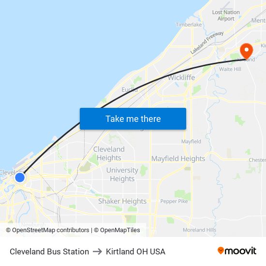 Cleveland Bus Station to Kirtland OH USA map