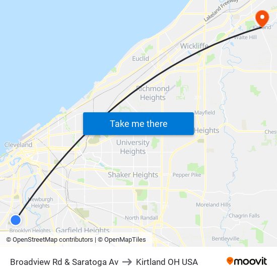 Broadview Rd & Saratoga Av to Kirtland OH USA map