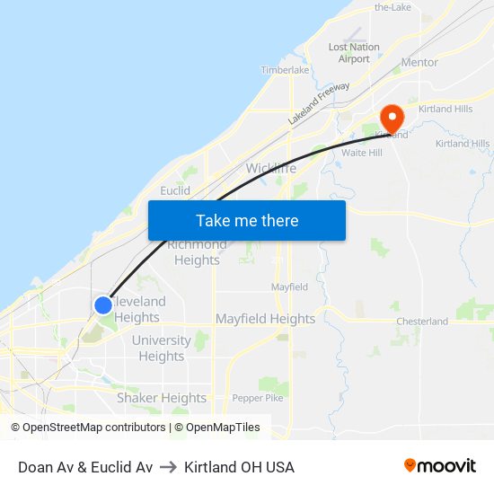 Doan Av & Euclid Av to Kirtland OH USA map