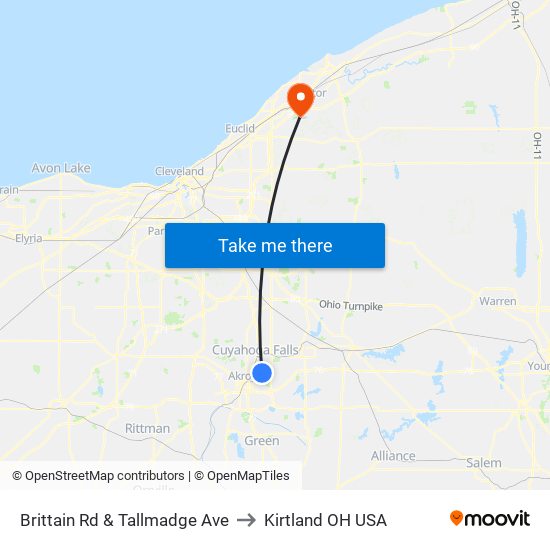 Brittain Rd & Tallmadge Ave to Kirtland OH USA map