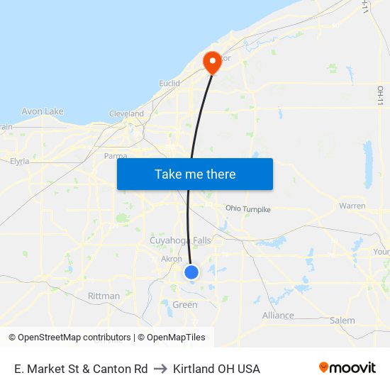 E. Market St & Canton Rd to Kirtland OH USA map