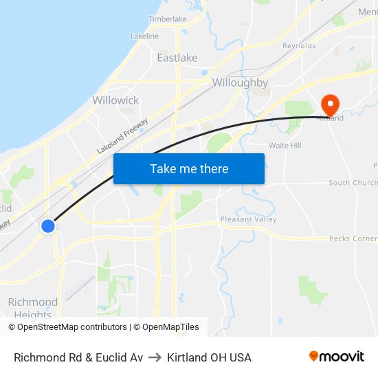 Richmond Rd & Euclid Av to Kirtland OH USA map