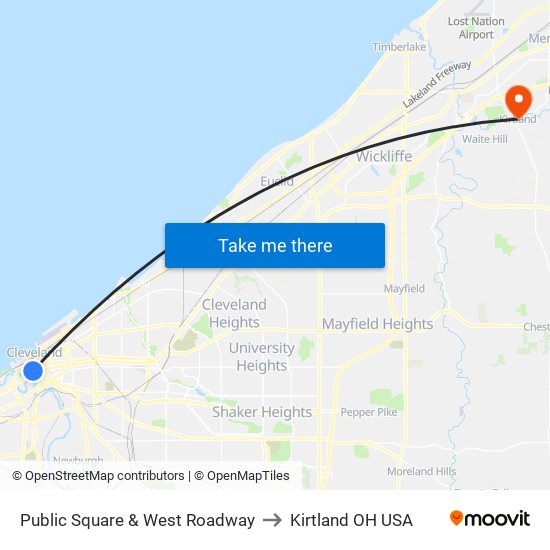 Public Square & West Roadway to Kirtland OH USA map