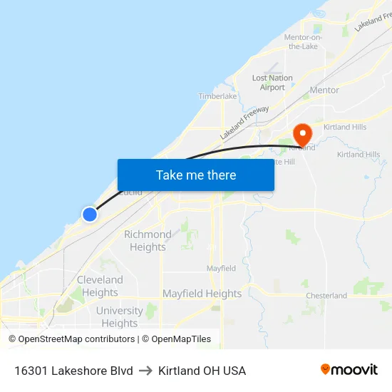 16301 Lakeshore Blvd to Kirtland OH USA map