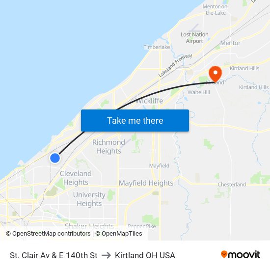 St. Clair Av & E 140th St to Kirtland OH USA map