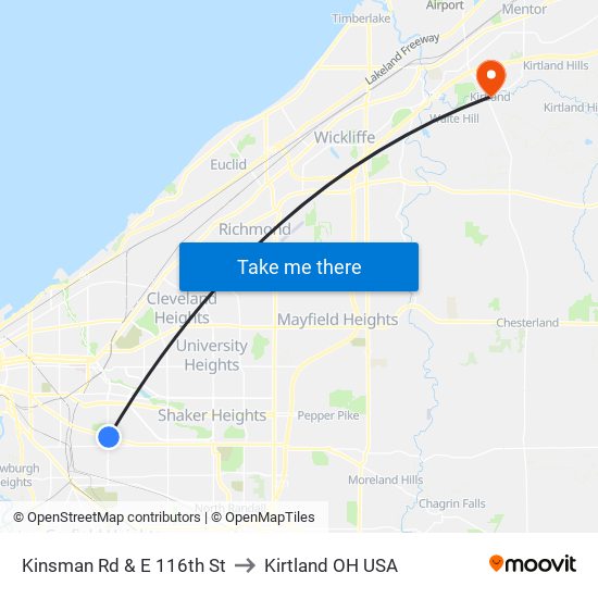 Kinsman Rd & E 116th St to Kirtland OH USA map