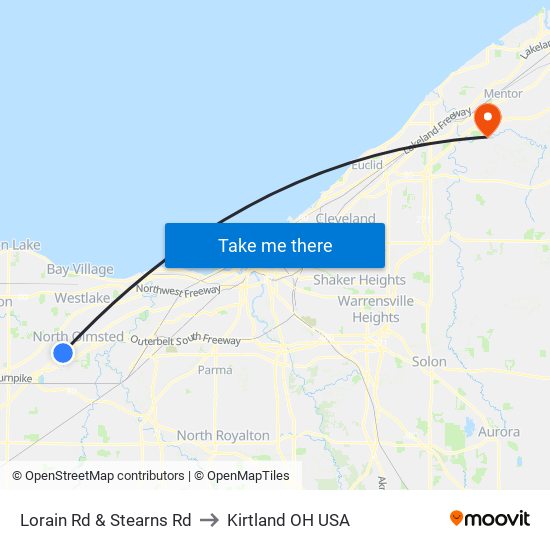 Lorain Rd & Stearns Rd to Kirtland OH USA map