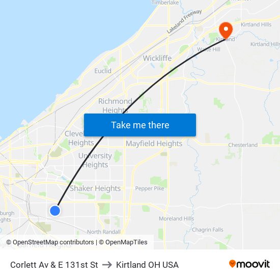 Corlett Av & E 131st St to Kirtland OH USA map