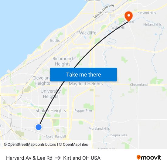 Harvard Av & Lee Rd to Kirtland OH USA map