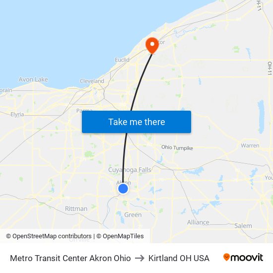 Metro Transit Center Akron Ohio to Kirtland OH USA map