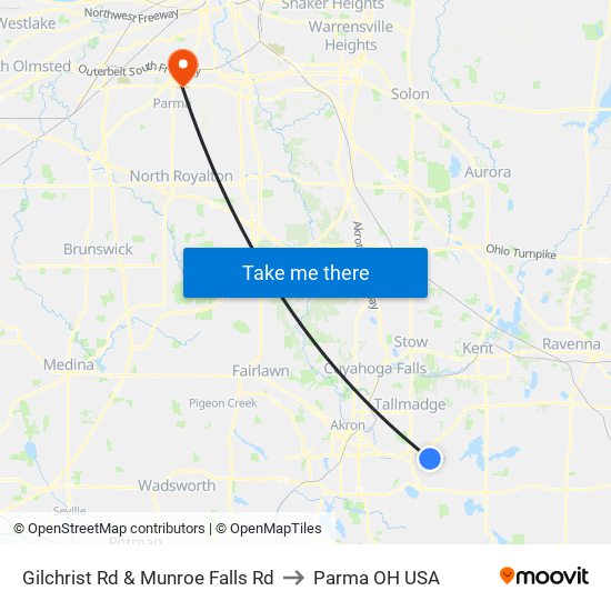 Gilchrist Rd & Munroe Falls Rd to Parma OH USA map