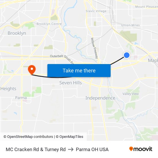 MC Cracken Rd & Turney Rd to Parma OH USA map