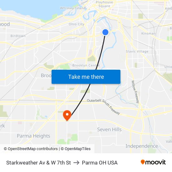 Starkweather Av & W 7th St to Parma OH USA map