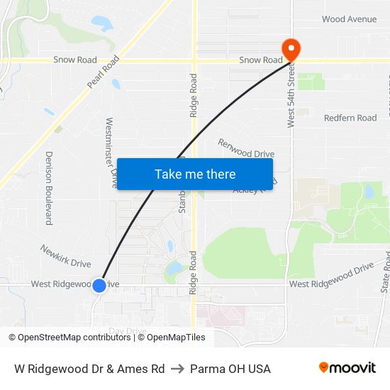 W Ridgewood Dr & Ames Rd to Parma OH USA map