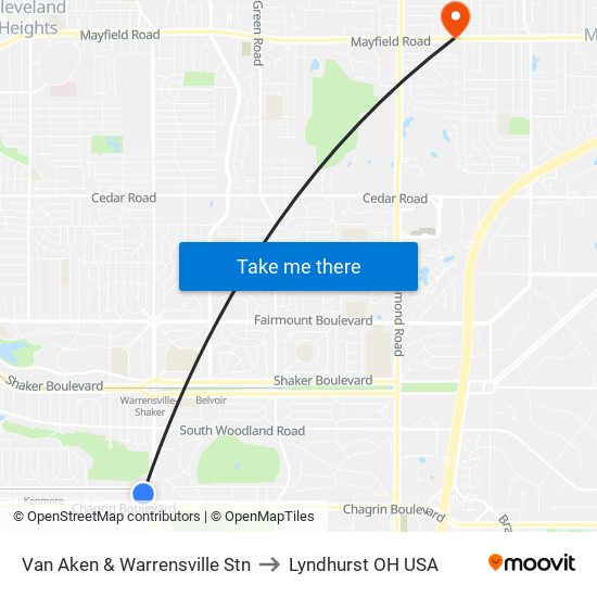 Van Aken & Warrensville Stn to Lyndhurst OH USA map