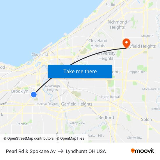 Pearl Rd & Spokane Av to Lyndhurst OH USA map