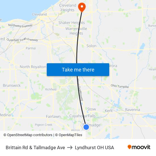 Brittain Rd & Tallmadge Ave to Lyndhurst OH USA map