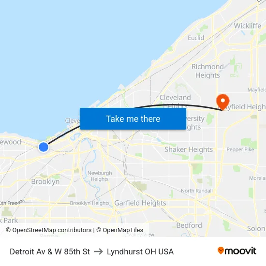 Detroit Av & W 85th St to Lyndhurst OH USA map