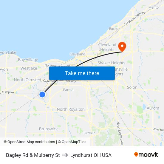 Bagley Rd & Mulberry St to Lyndhurst OH USA map