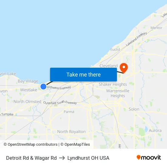 Detroit Rd & Wagar Rd to Lyndhurst OH USA map