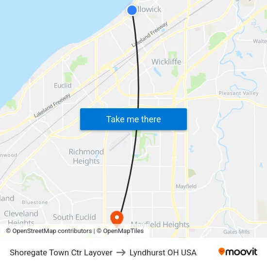 Shoregate Town Ctr Layover to Lyndhurst OH USA map