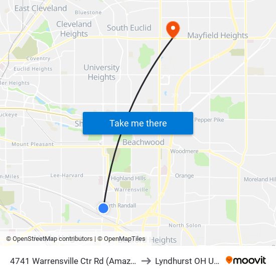 4741 Warrensville Ctr Rd (Amazon) to Lyndhurst OH USA map