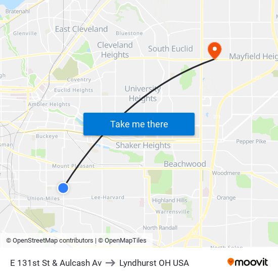 E 131st St & Aulcash Av to Lyndhurst OH USA map