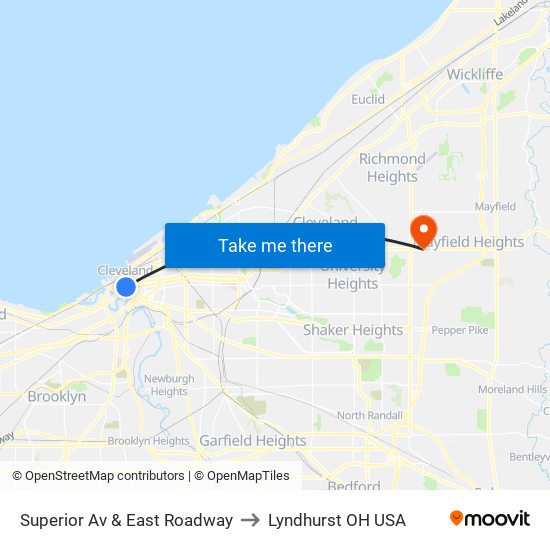 Superior Av & East Roadway to Lyndhurst OH USA map