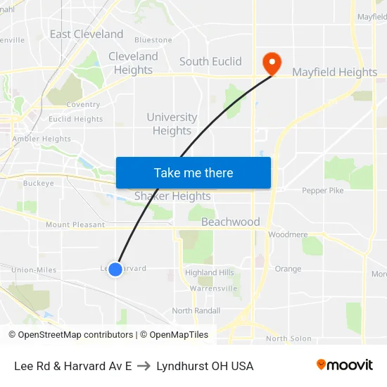 Lee Rd & Harvard Av E to Lyndhurst OH USA map