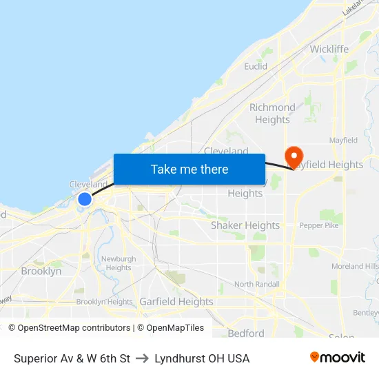 Superior Av & W 6th St to Lyndhurst OH USA map