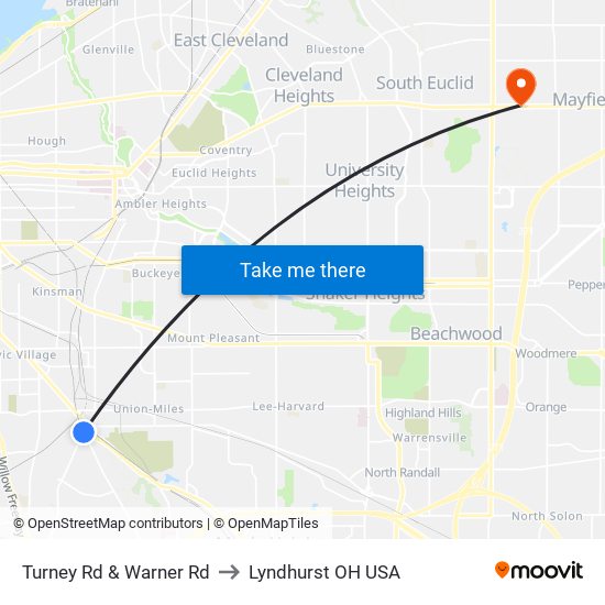 Turney Rd & Warner Rd to Lyndhurst OH USA map