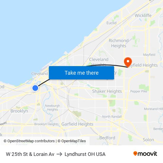 W 25th St & Lorain Av to Lyndhurst OH USA map