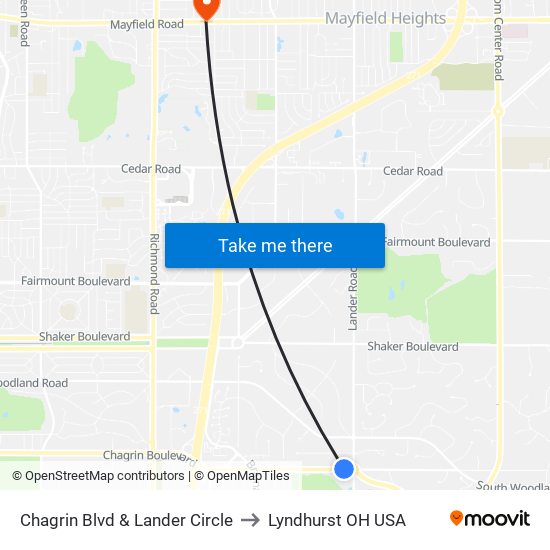 Chagrin Blvd & Lander Circle to Lyndhurst OH USA map