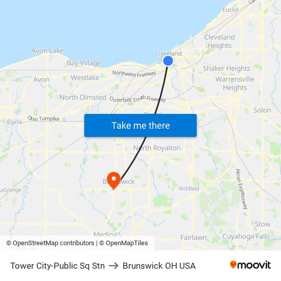 Tower City-Public Sq Stn to Brunswick OH USA map