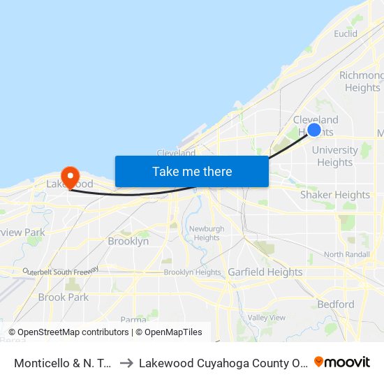 Monticello & N. Taylor to Lakewood Cuyahoga County OH USA map