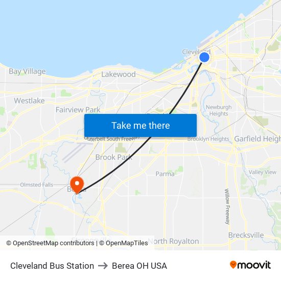 Cleveland Bus Station to Berea OH USA map