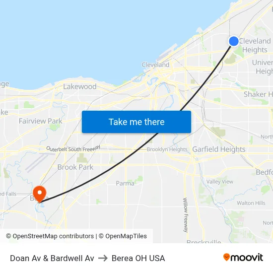 Doan Av & Bardwell Av to Berea OH USA map